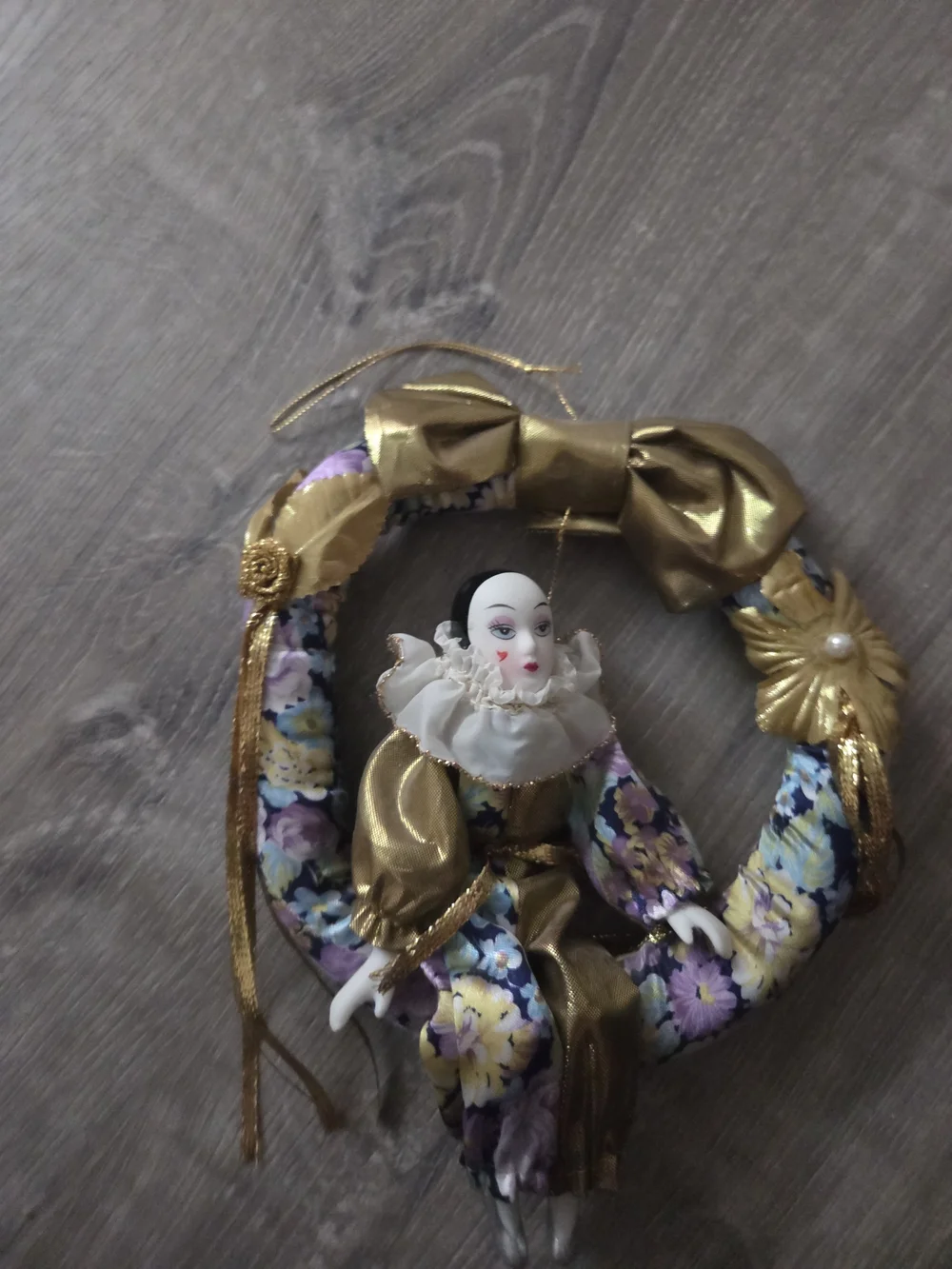Gold and Floral Pierrot Doll Wreath Accent - Unbranded